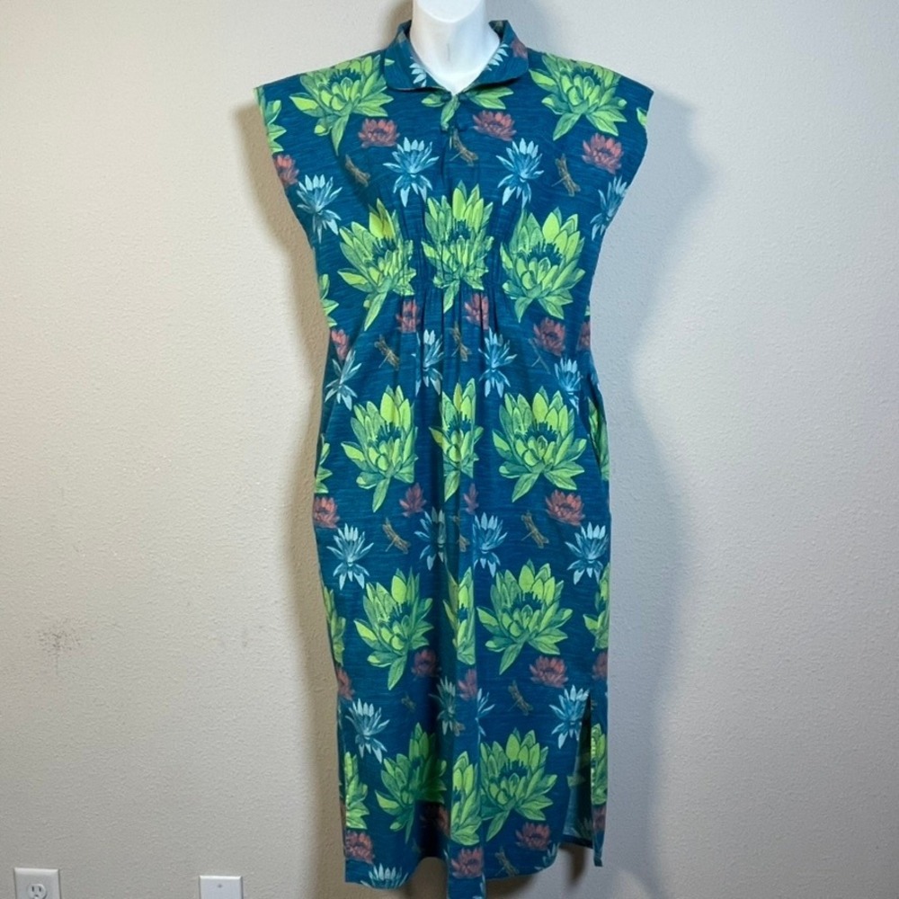 Holli Shae Design Dress Women OS Blue Green Floral Dragonfly Midi Coastal Casual
